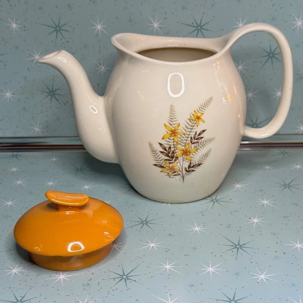 Vintage‎ Salem China Teapot Cream with Yellow Floral Design and Orange Lid